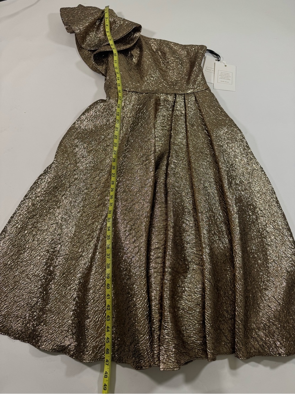 New Mac Duggal Gold One Shoulder Bow Midi Dress With Pockets - Picture 11 of 11